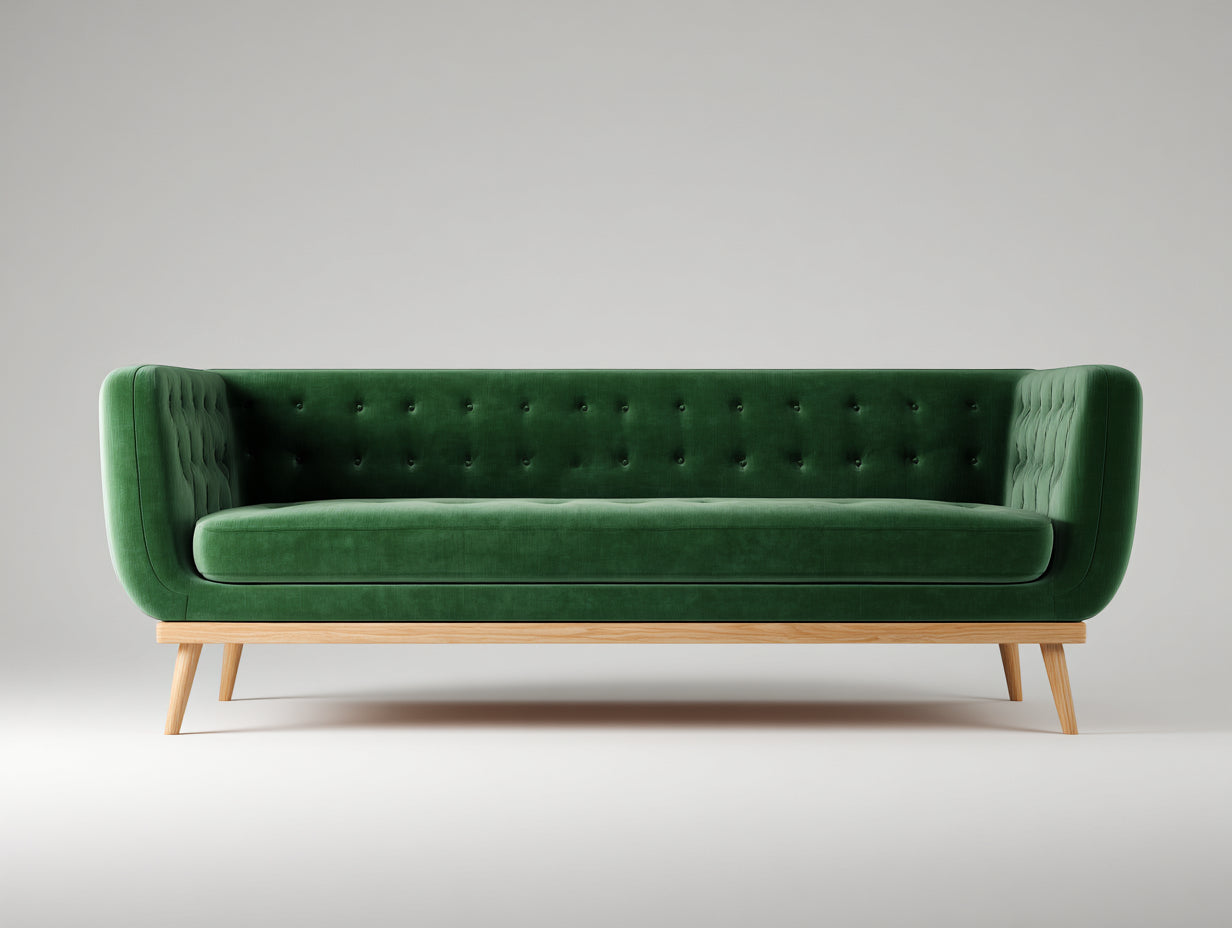 Gerades Sofa Samt 220x82x76 cm - Grün-Holzfarben - Modernes Design für Wohnzimmer