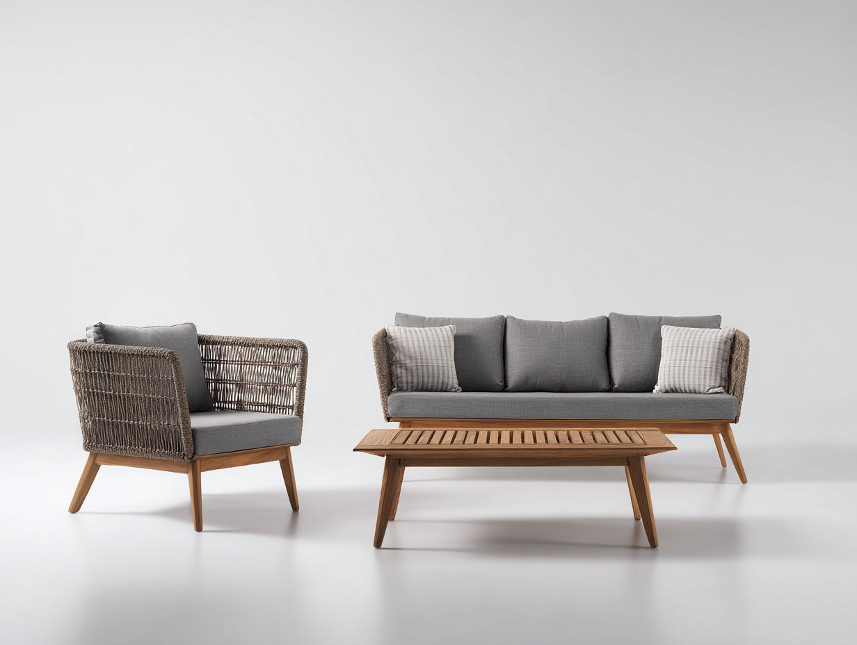 Gartensofa Set Polyrattan Holz 210x78x78 cm - Grau-Naturbraun - Modernes Design für Garten