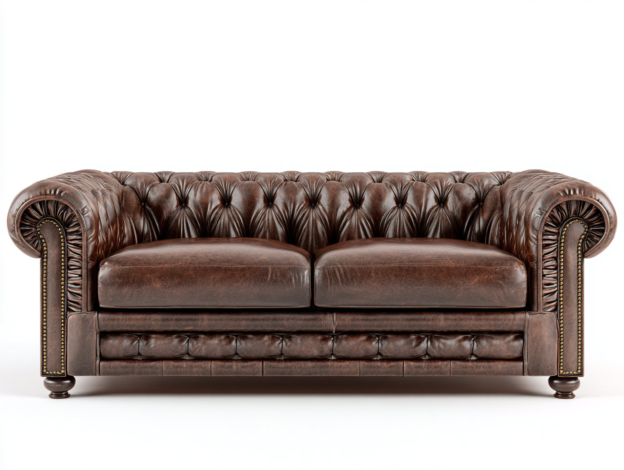 Gerades Sofa 220x90x76 cm - Kunstleder in Dunkelbraun - klassischer Chesterfield-Stil mit gerollten Armlehnen