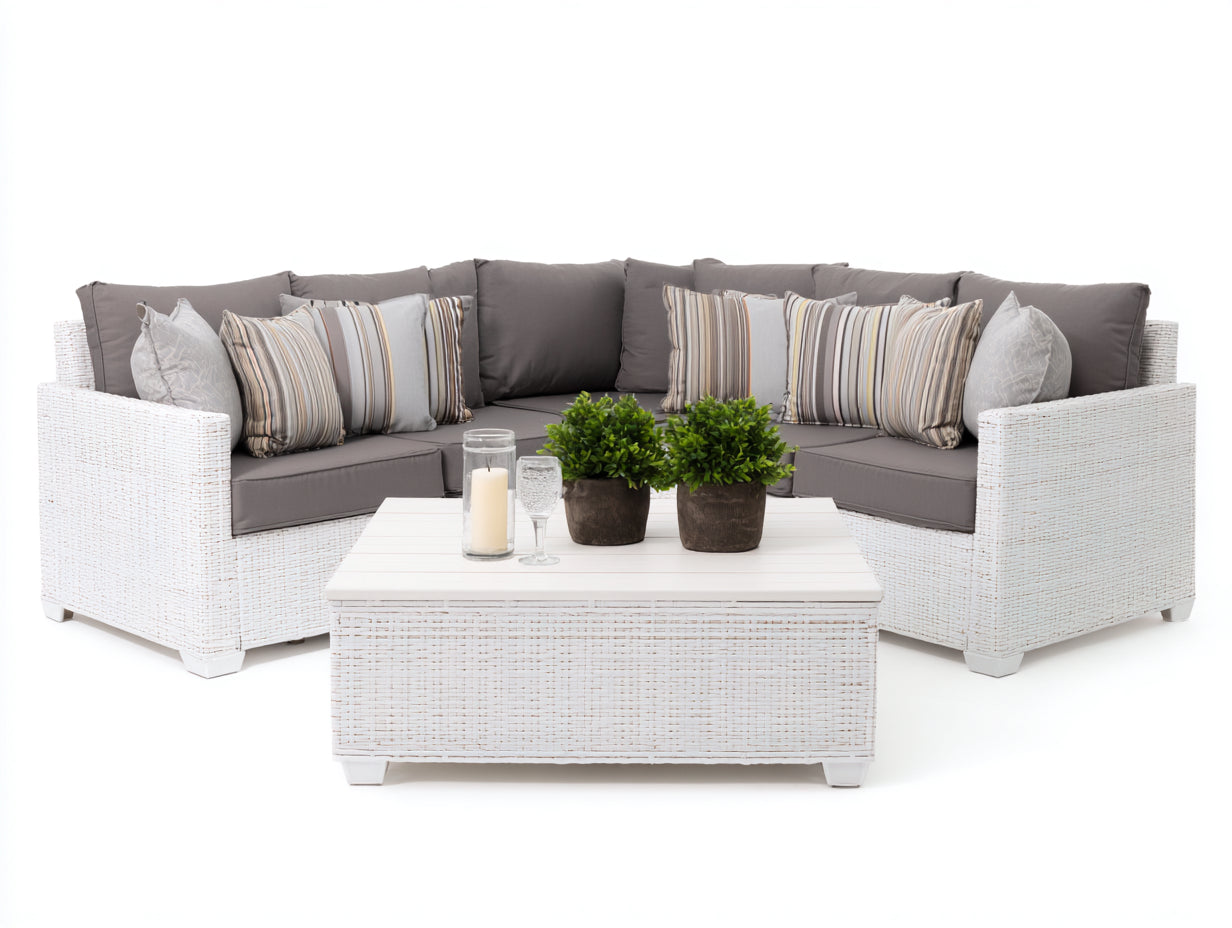 Gartensofa 240x240x78 cm aus Polyrattan in Weiß-Grau - moderner Outdoor-Stil mit Couchtisch